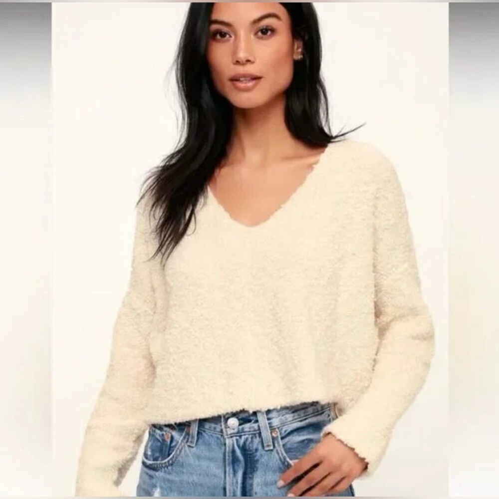 Free People Popcorn Cream Pullover V-Neck Sweater Size Small
